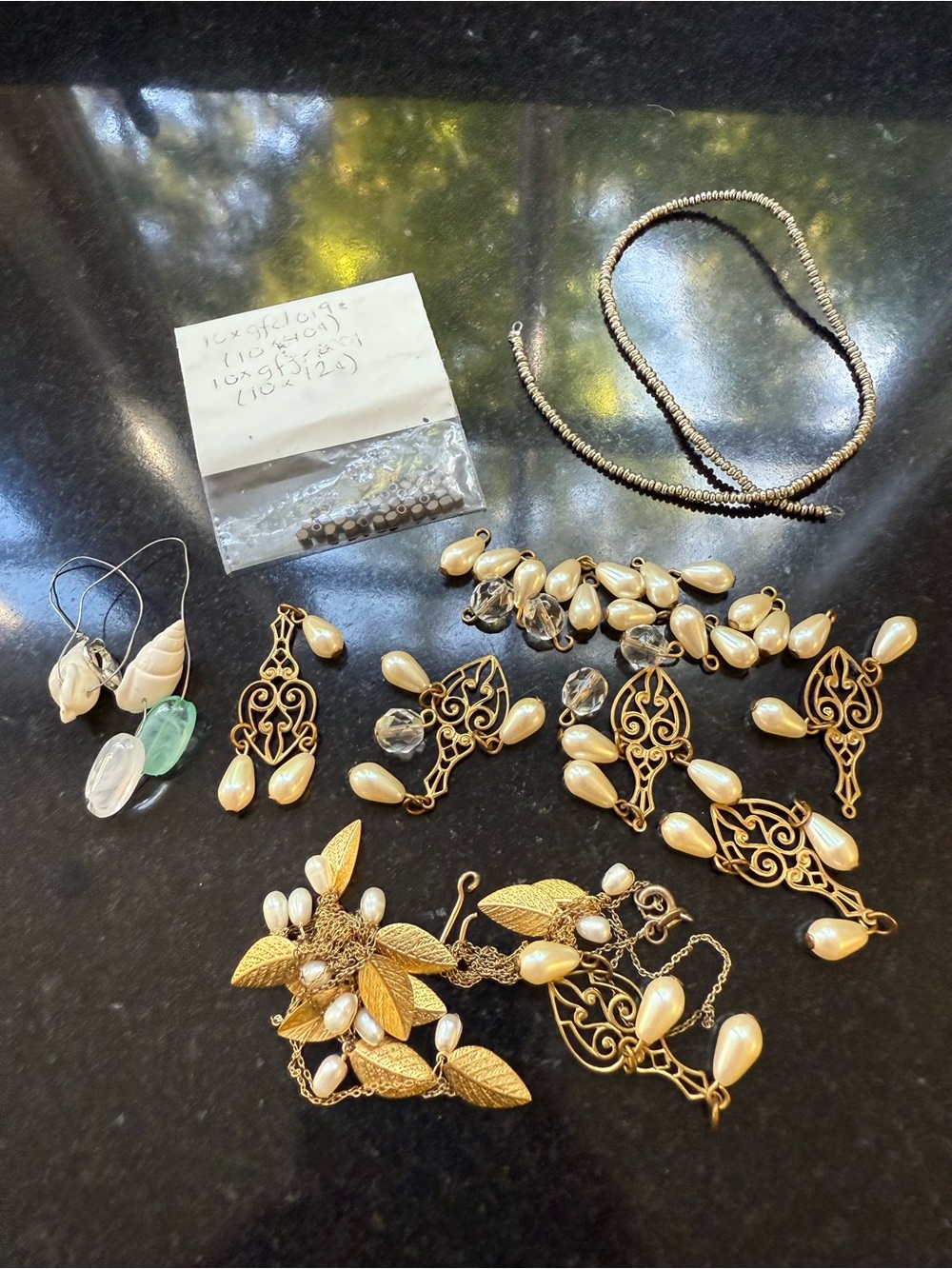 Gold-Tone Pearl Drops and leaves for jewelry making- Gold and Cream